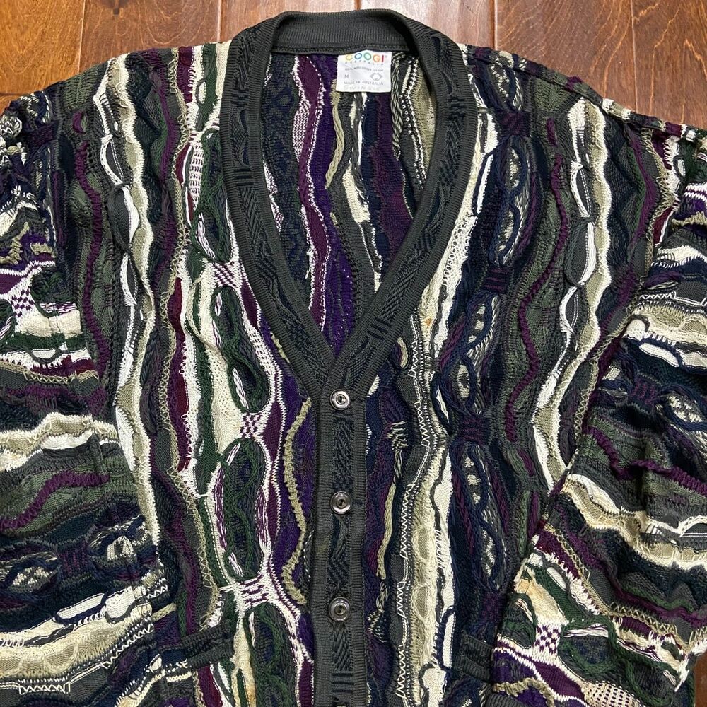 Coogi Australia Vintage 3D Chunky Knit Green Purple Cardigan Sweater Size M - Picture 2 of 9